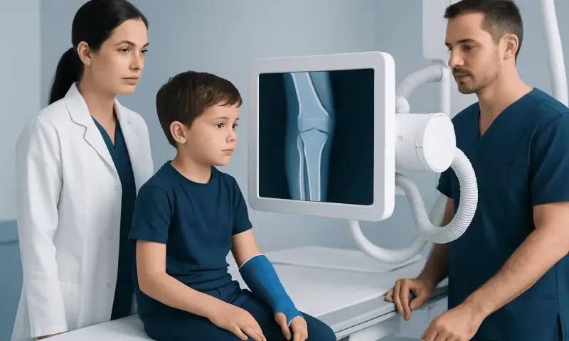 Child undergoing X-ray examination for suspected greenstick fracture.