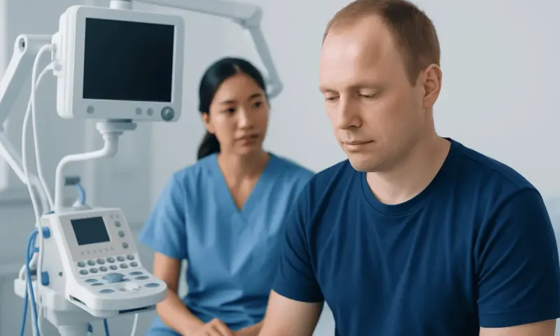 Patient with a goose egg on his head in a medical examination room.