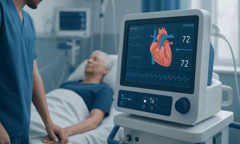 Medical monitor displaying heart rate and ECG in hospital room.