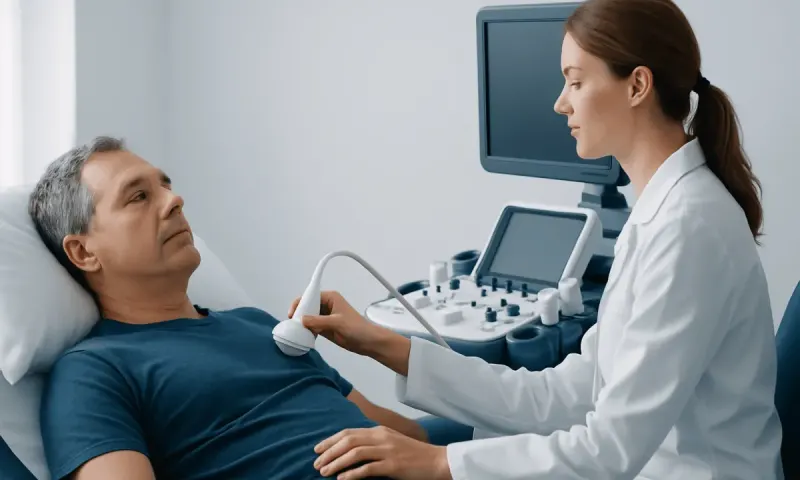 Doctor performs a heart ultrasound on a male patient in a clinical setting.
