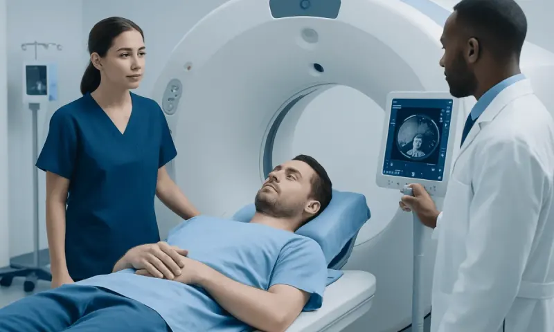 Patient undergoing liver CT scan with medical staff assistance.
