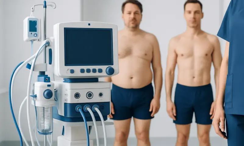 Medical monitoring equipment with two men in the background.