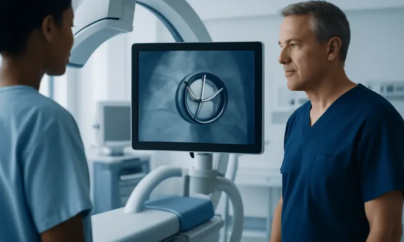 Medical professionals discussing a mechanical heart valve on a monitor.