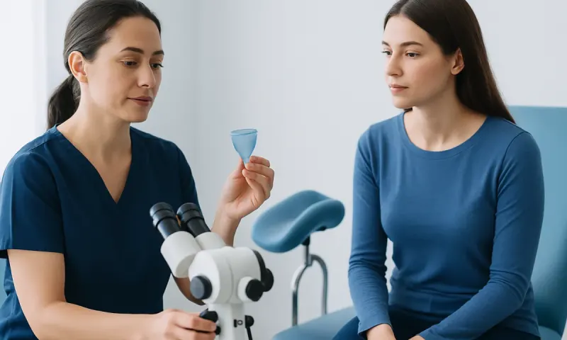 Gynecologist explains menstrual health to a patient in a clinical setting.