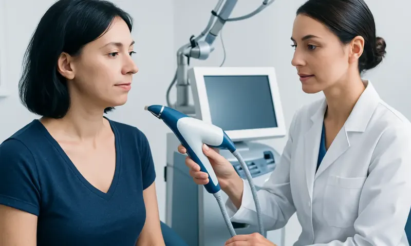 Medical professional performing a skin treatment on a woman patient.