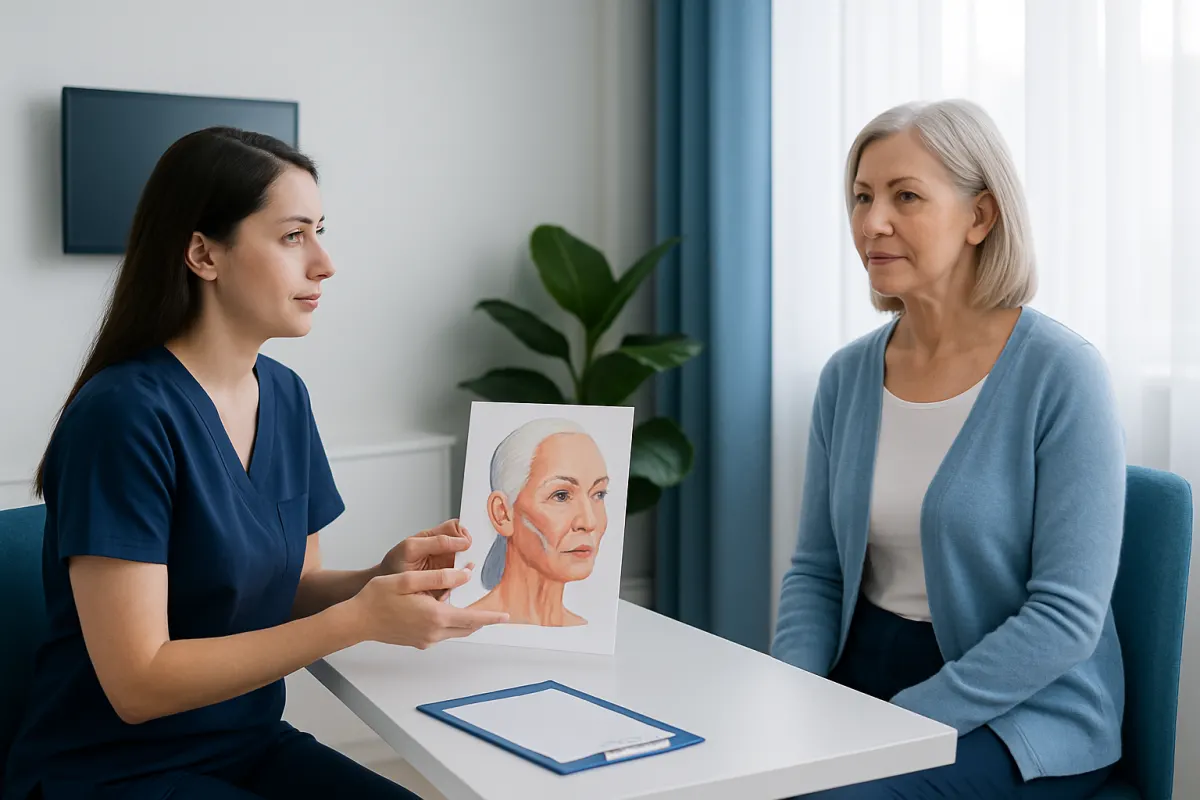 Consultation between a doctor and an elderly woman about facial rejuvenation options.