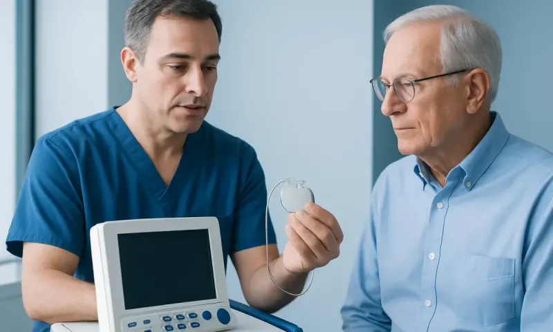 Doctor explains pacemaker function to elderly patient in hospital.