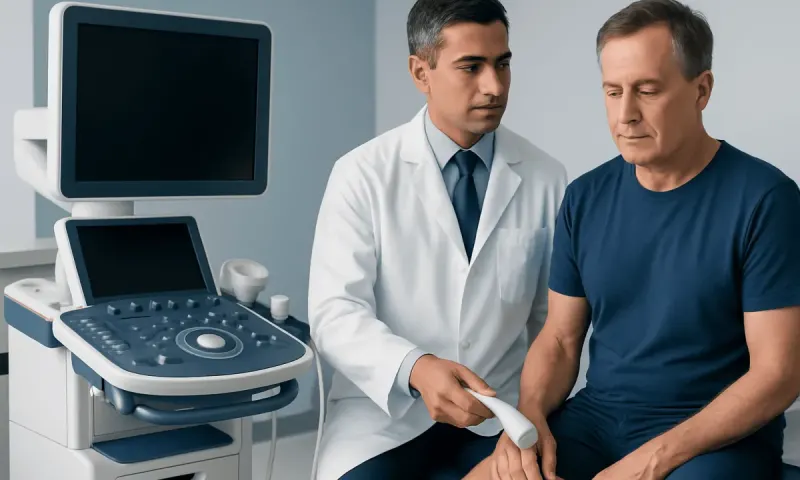 Doctor performing penile ultrasound on patient in clinic setting.