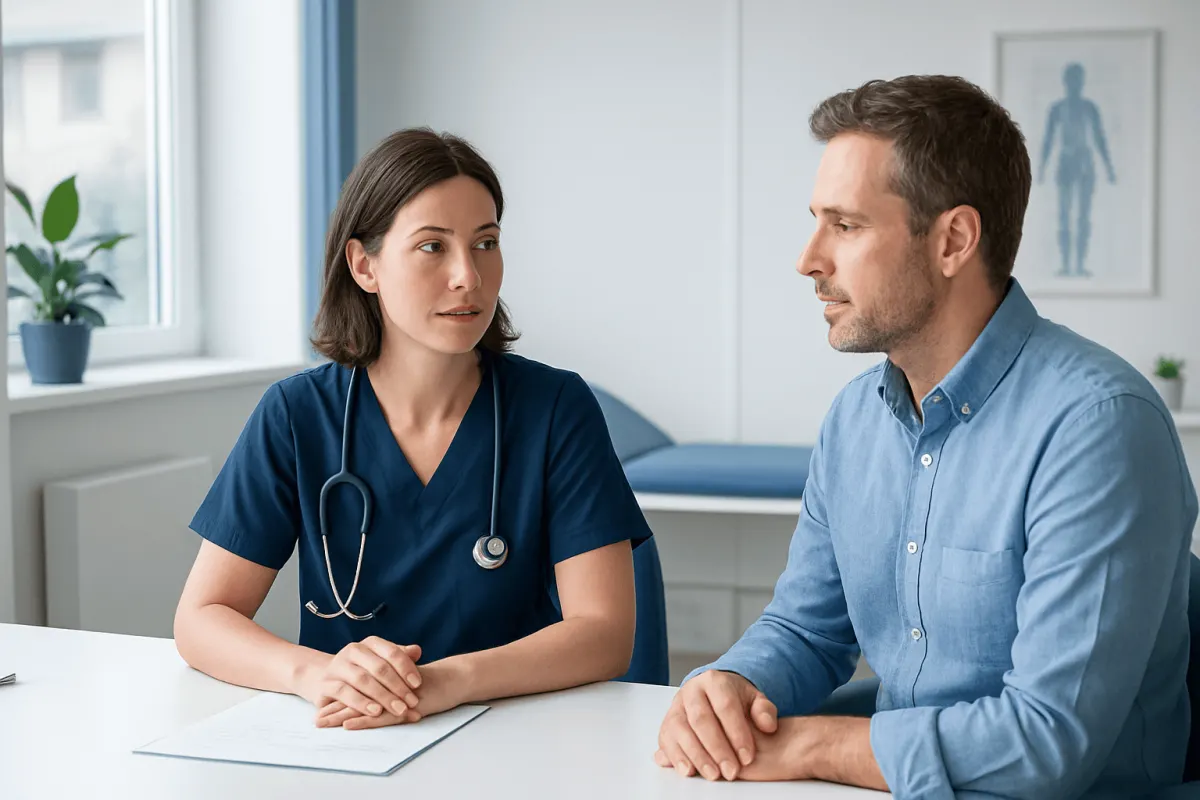 Doctor consulting with male patient in a medical office setting.