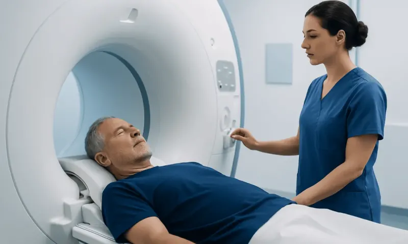 Patient undergoing MRI scan in a medical facility with healthcare professional.