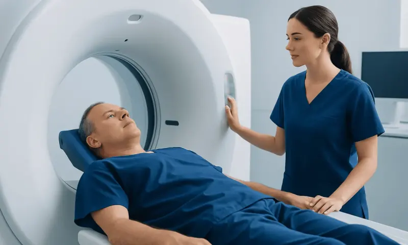 Patient undergoing a PET scan in a medical imaging facility.
