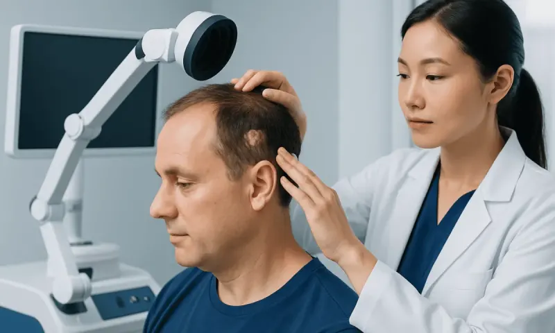 Doctor examining scalp with specialized medical equipment.