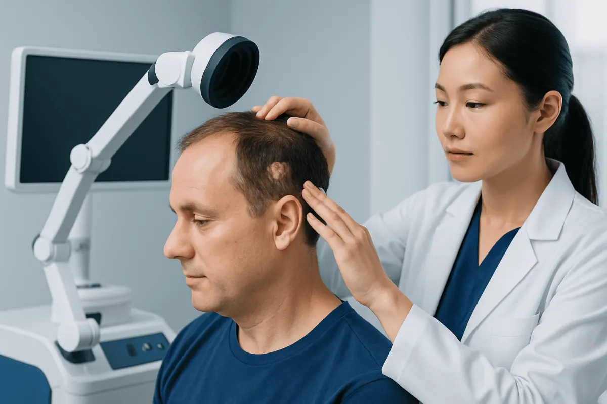 Doctor examining scalp with specialized medical equipment.