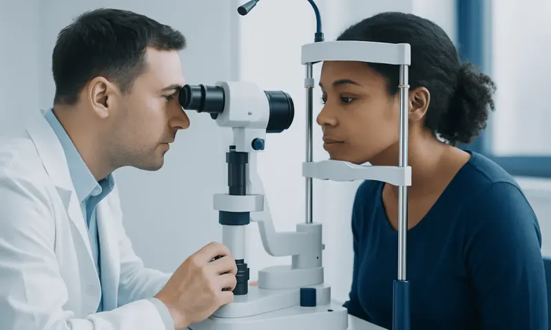 Optometrist examines patient's eye using slit lamp in clinic.