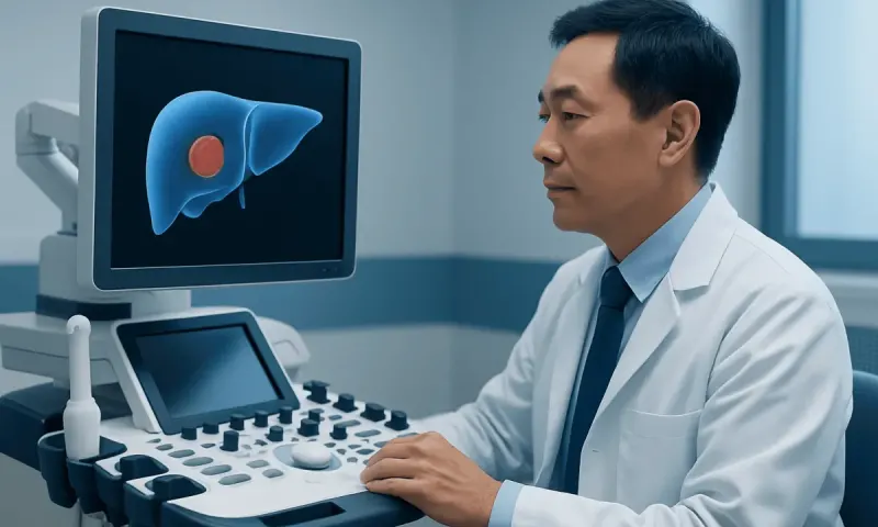 Doctor analyzing liver scan on ultrasound machine at hospital.