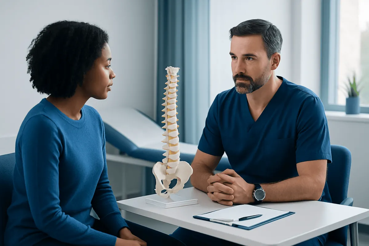 Spinal surgeon consulting a patient with a model of the spine in a medical office.