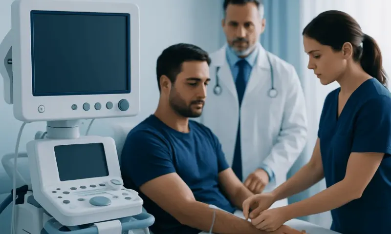 Medical professionals perform a patient checkup in a hospital room.