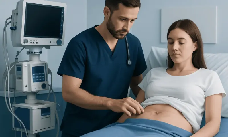 Doctor examining a patient's abdomen in a hospital setting.