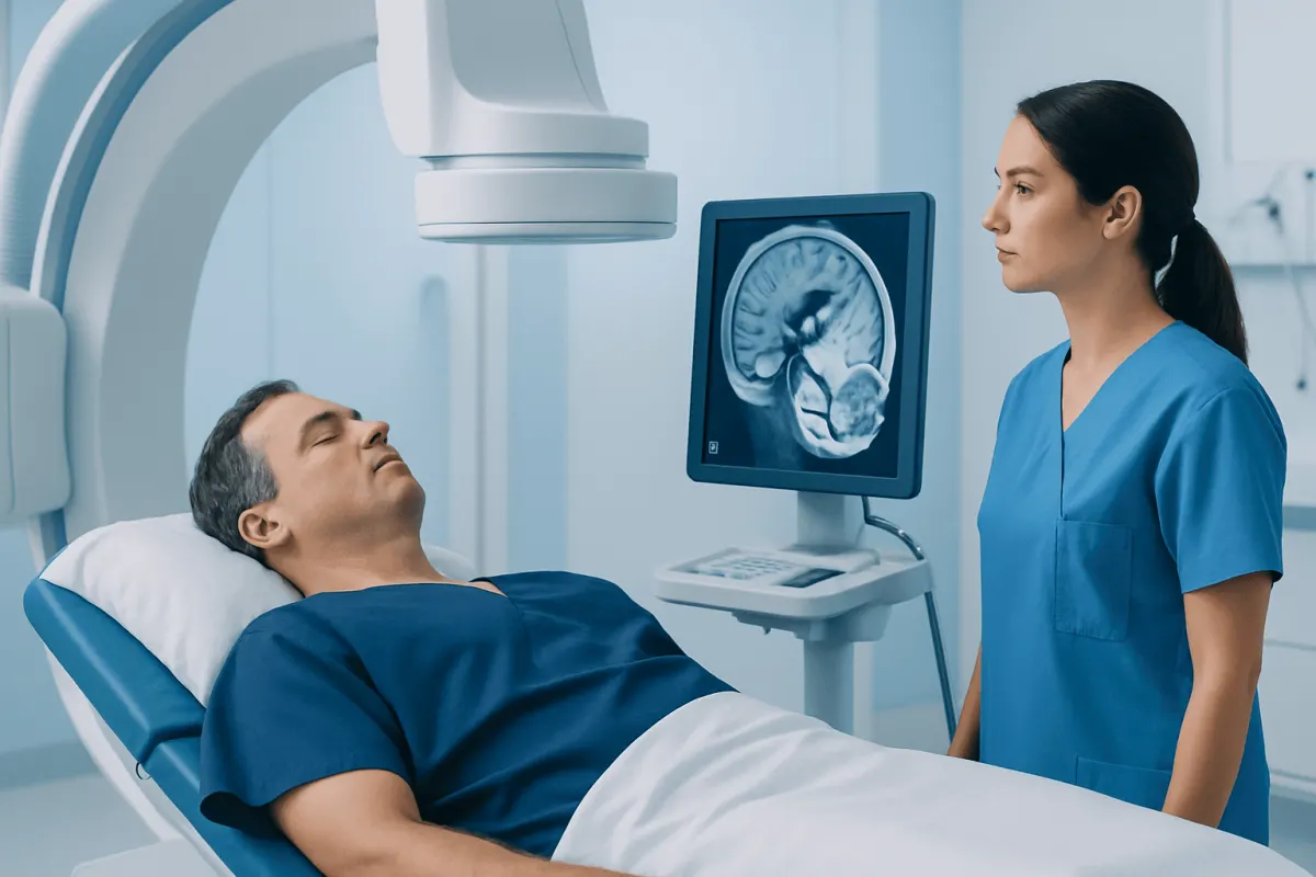 Medical professional reviewing brain scan of patient in hospital.