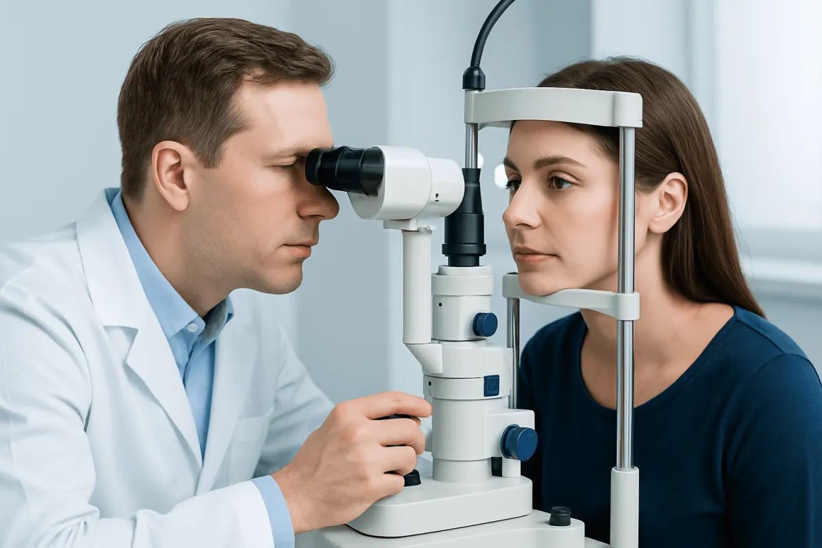 Optometrist examining a woman's eye with a slit lamp in a clinic setting.