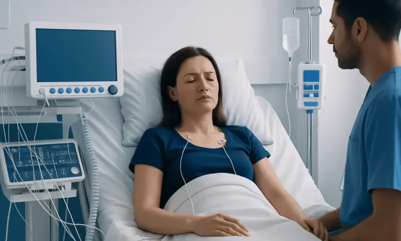 Patient in hospital bed with medical staff monitoring her condition.