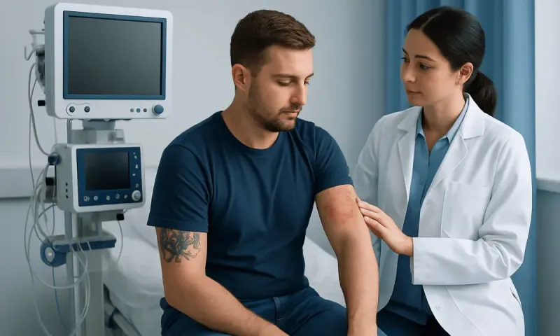 Doctor examining a patient's arm in a hospital room.
