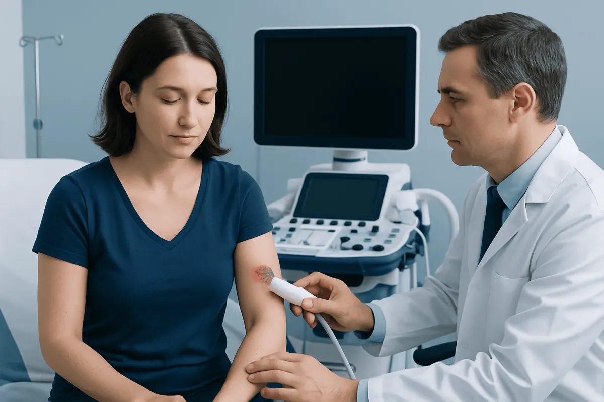 Doctor examining a patient's arm for tick bite at Acibadem Hospital.