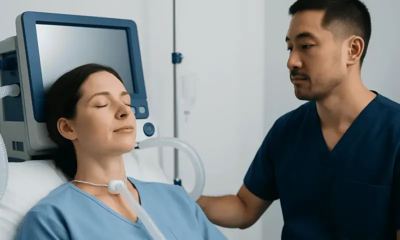 Patient with tracheal deviation receiving medical care in hospital.
