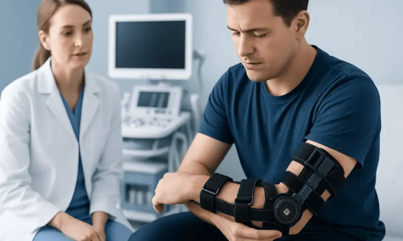 Patient with arm brace during medical consultation at Acibadem Hospital.