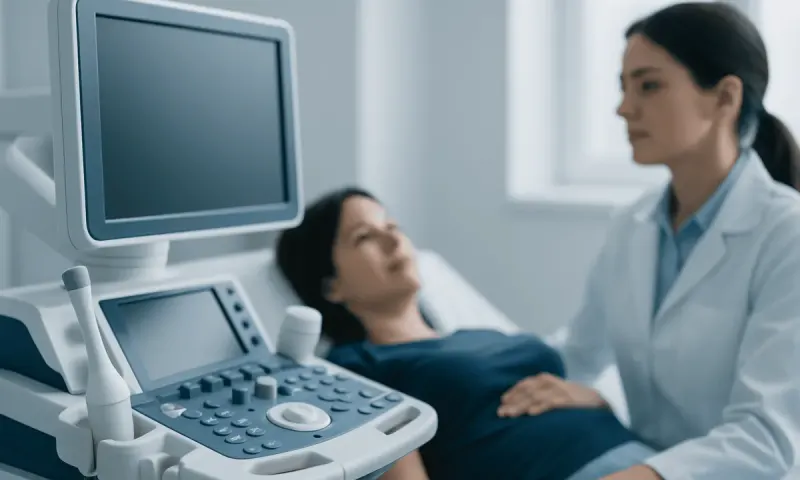 Medical professional performing ultrasound examination on patient in hospital.