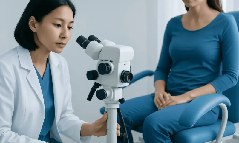 Doctor examining a patient with a microscope in a clinical setting.