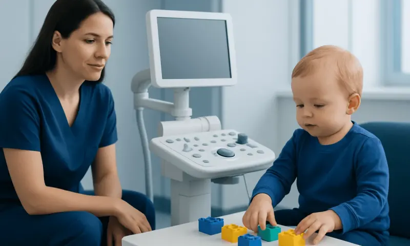 Child undergoing speech therapy with a therapist and ultrasound device.