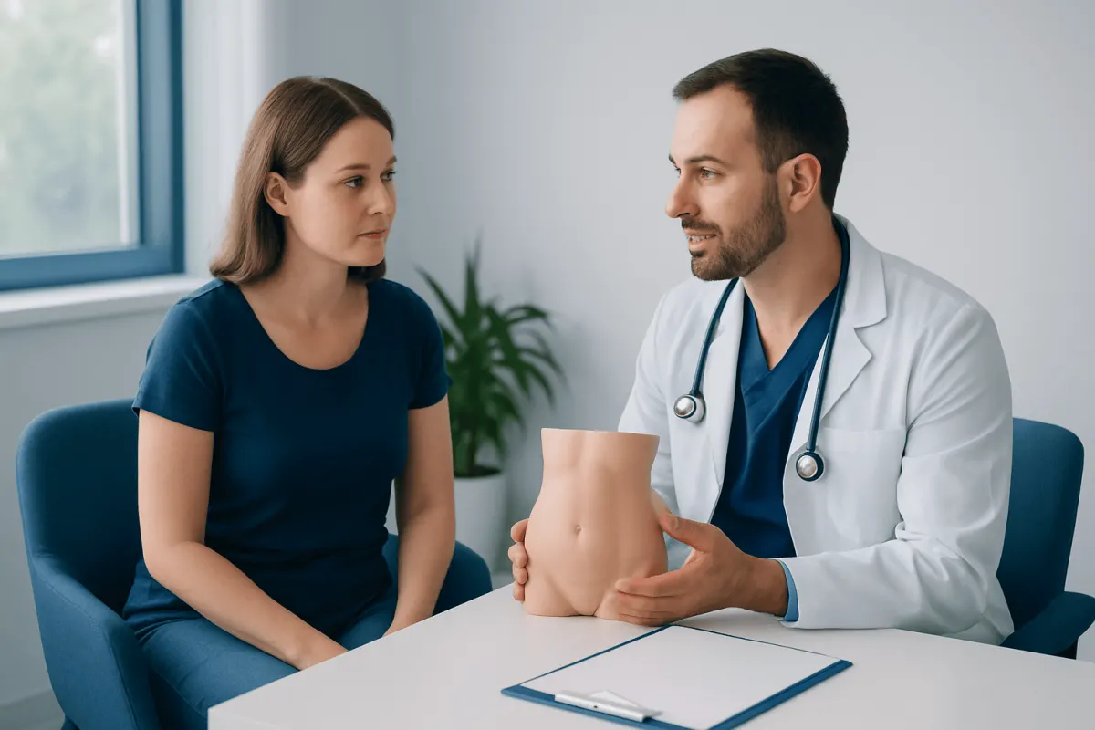 Doctor explaining abdominal liposuction to a patient in a consultation room.