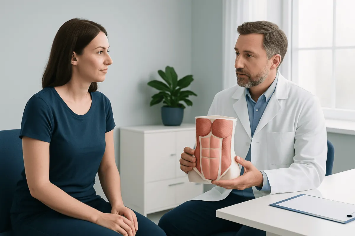 Doctor explaining tummy anatomy model to patient in consultation room.
