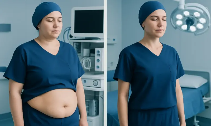 Before and after abdominoplasty results showing a flatter abdomen.
