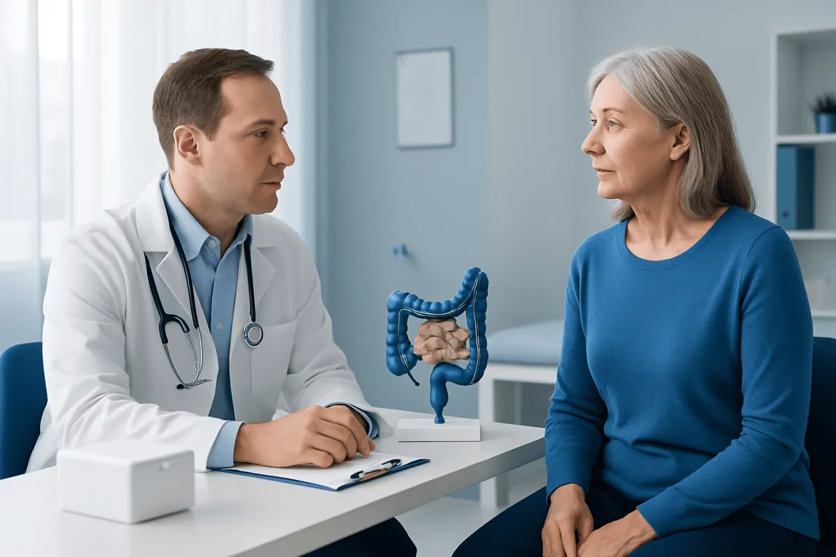 Doctor consulting with an elderly woman about colon health in a medical office.