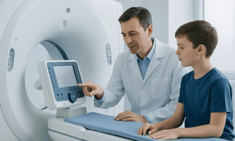 Doctor and young patient preparing for an MRI scan at Acibadem Hospital.