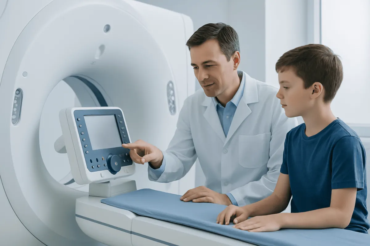 Doctor and young patient preparing for an MRI scan at Acibadem Hospital.