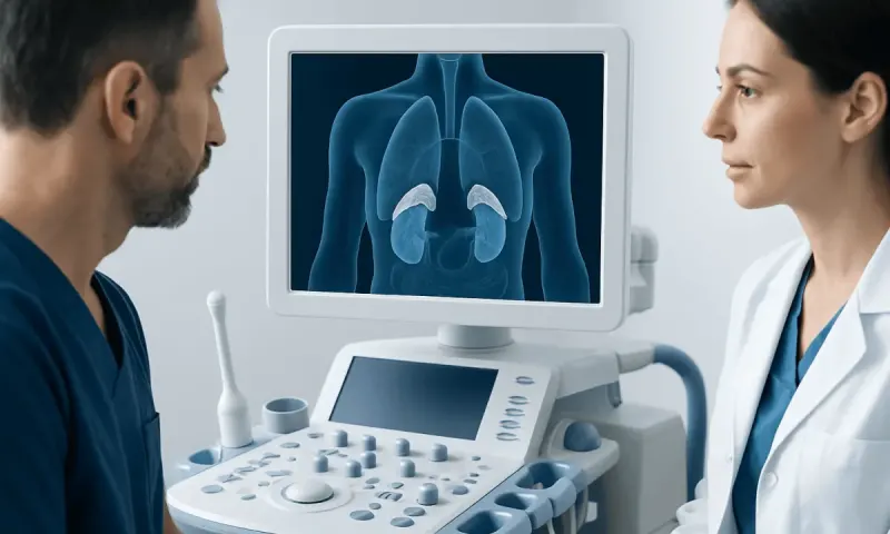 Medical professionals reviewing adrenal gland ultrasound scan in clinic.