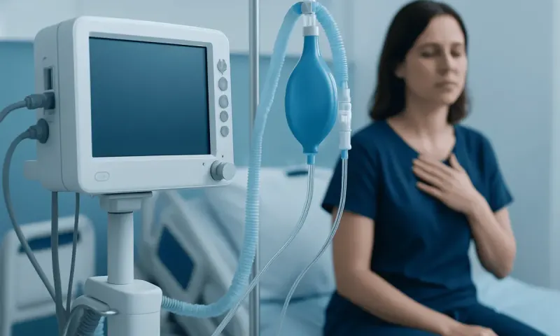 Patient experiencing respiratory distress in hospital bed with ventilator.