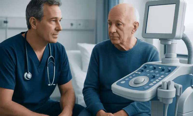 Doctor explaining ultrasound results to an elderly patient in a hospital room.