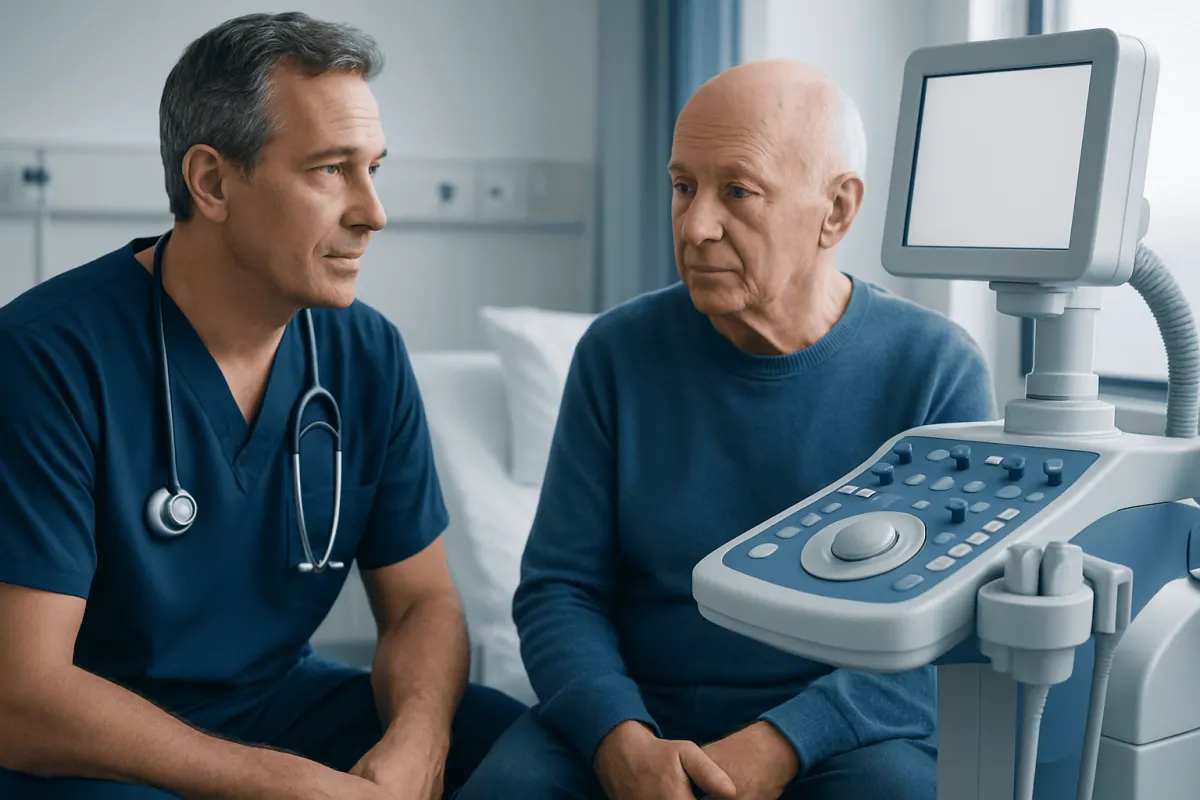 Doctor explaining ultrasound results to an elderly patient in a hospital room.