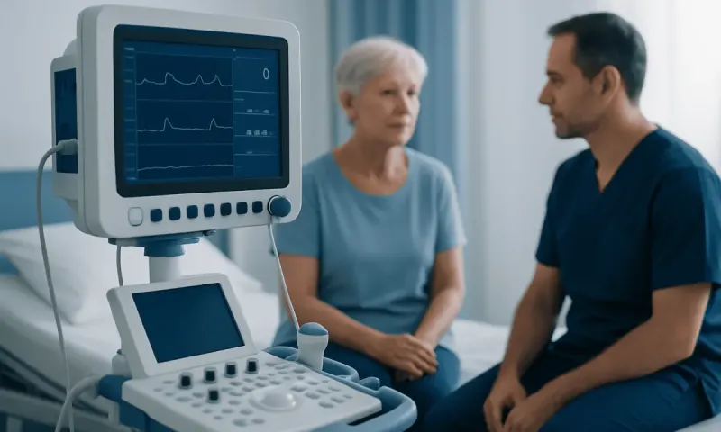 Doctor consulting elderly patient in hospital room with medical monitor.