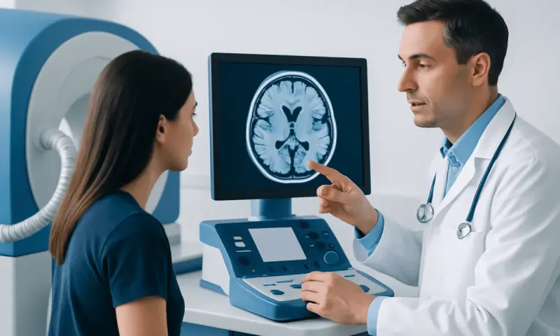 Doctor explaining brain scan to patient in medical clinic.