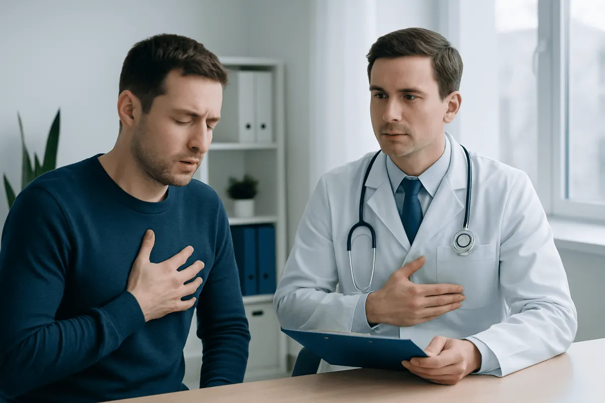 Doctor consulting with patient experiencing chest discomfort in clinic.
