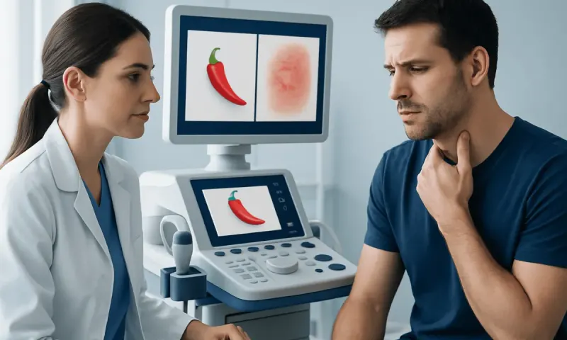 Doctor and patient discussing chili allergy test results at Acibadem Hospital.