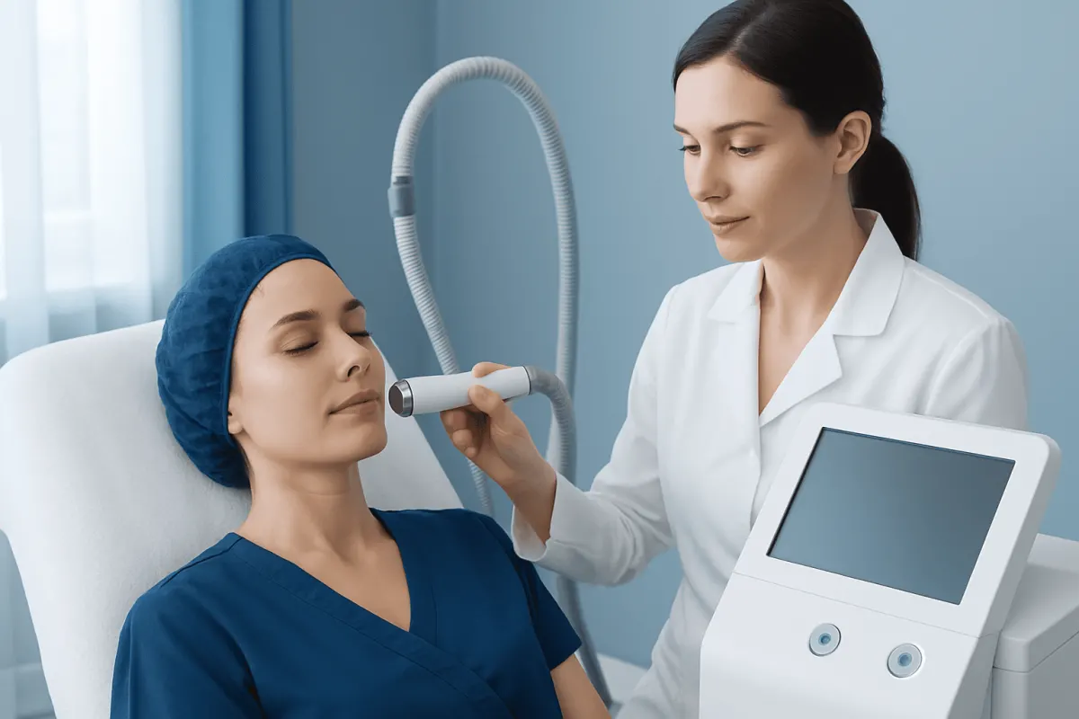 Medical professional performing skin treatment on patient in clinic setting.