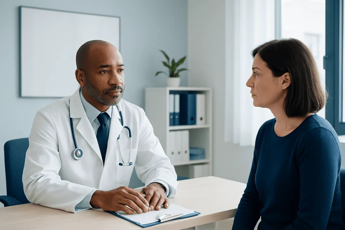 Doctor consulting with a female patient in a medical office.
