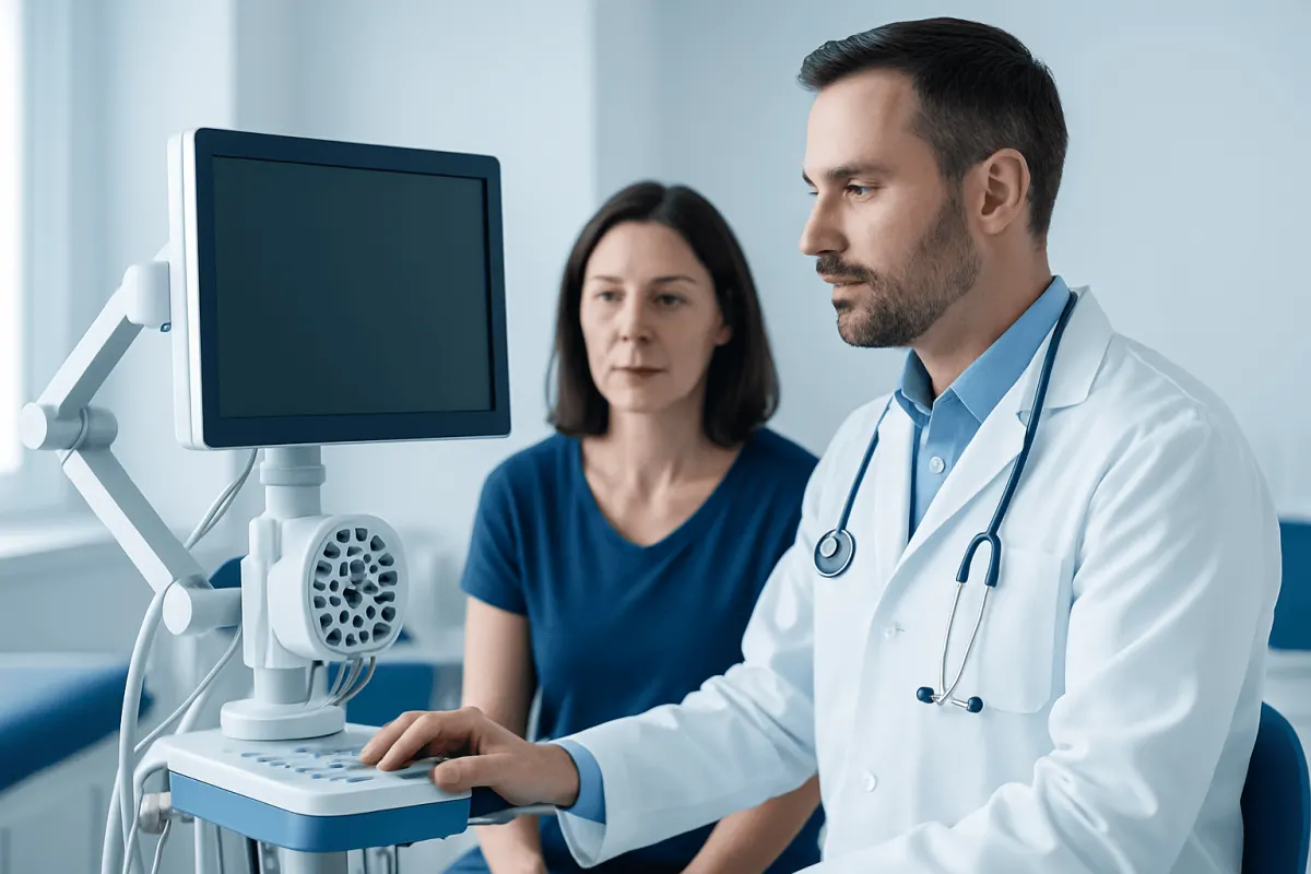 Doctor and patient in a medical consultation with diagnostic equipment.