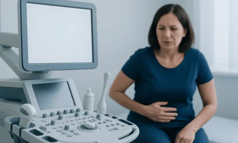 Woman experiencing stomach pain during an ultrasound exam at a hospital.